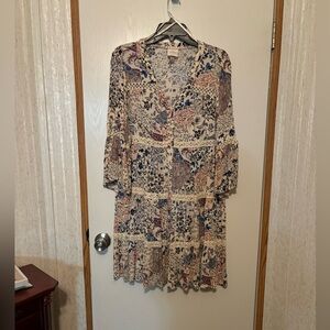 Knox Rose Floral Patchwork Boho Dress in Cream, Blue & Pink